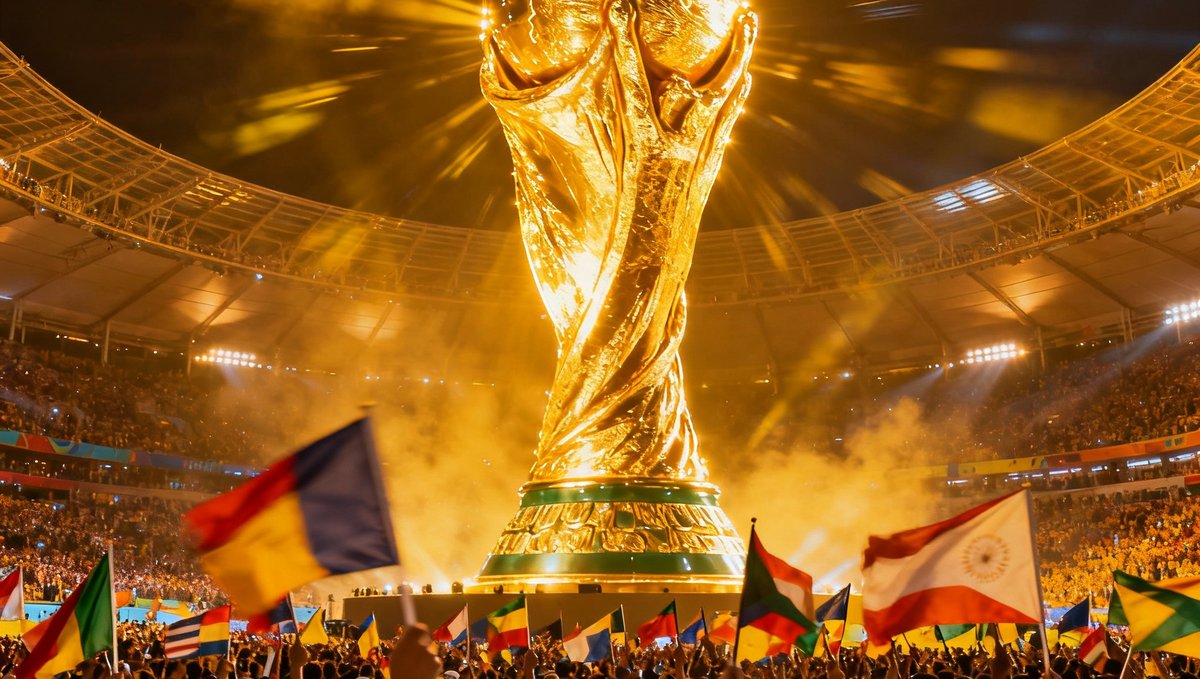 2026世界杯英雄区，赛场内数万球迷挥舞旗帜，巨型大力神杯灯光秀